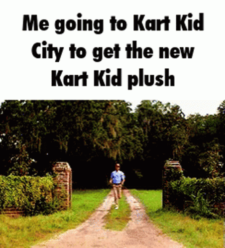 someone walking on the street at the end of a road with the text, me going to kart  city to get the new kayltp plush