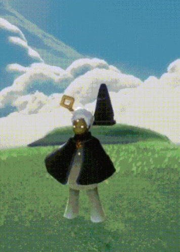 a person wearing a cape holding up an object in the sky