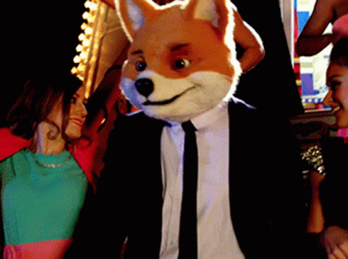 a fox mask with white collar and tie on