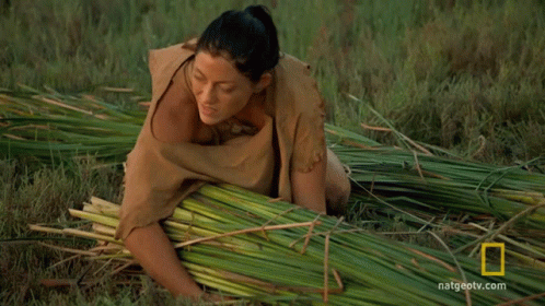 a woman is sitting in the grass with sticks