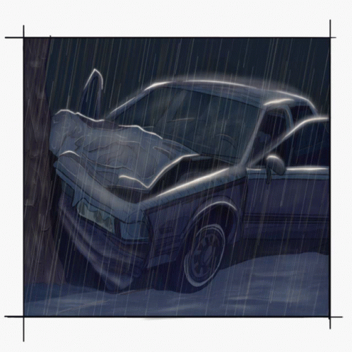 an automobile sits in the rain, under an umbrella