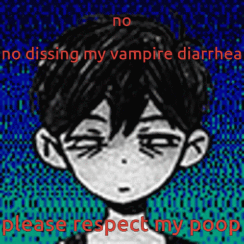 there is a boy with long hair with a text overlay that reads no dispensing my vampire diarhea please respect my pop