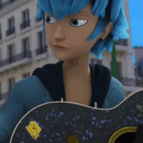 an animated avatar is holding up a guitar