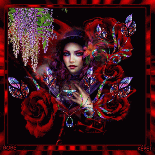 an artistic digital painting of a woman with wings and a hat holding a rose