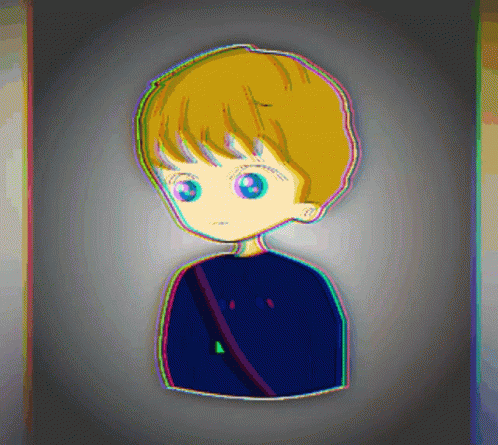 the little boy with blue hair has orange eyes