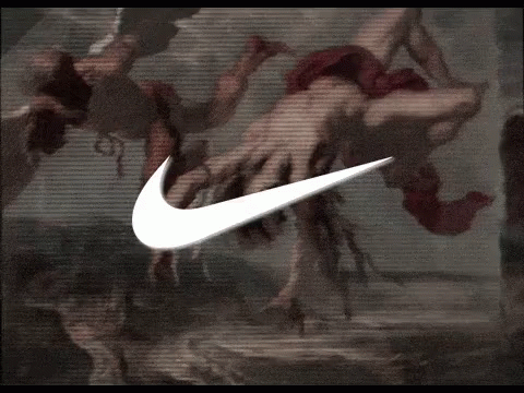 the logo of nike is shown over an image of water and trees