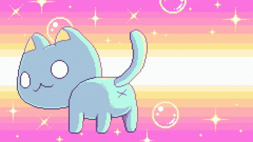 a little cat that is on some pink and blue tiles