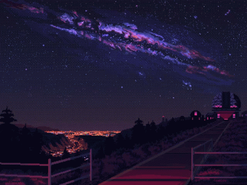 some night time scenes show the night sky, including a purple and red star over a city