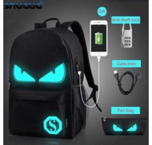 the backpack with eyes glowing inside and a charger connected to it