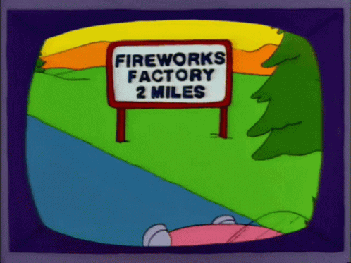 a cartoon picture with the title fireworks factory 2 miles