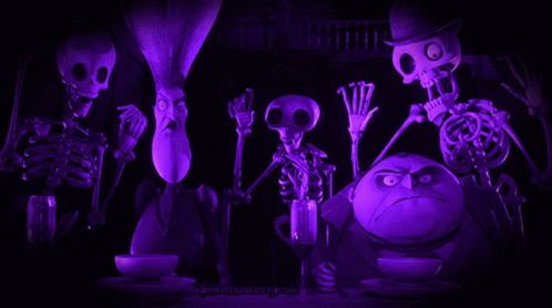 five skeletons in front of a red neon - lit halloween scene