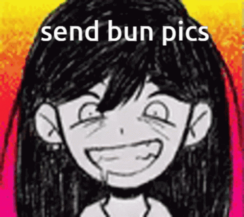 a girl smiling with the words send bun pics below her