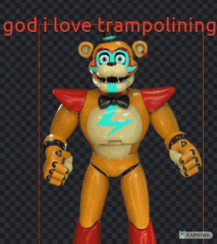 there is a very tall blue robot character that reads god i love trampoline