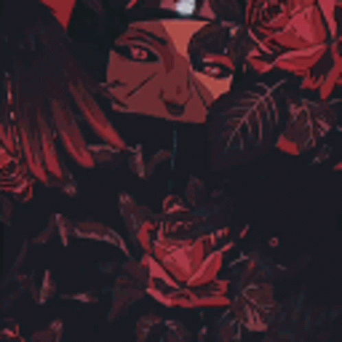 a woman with black hair and a mask, surrounded by flowers