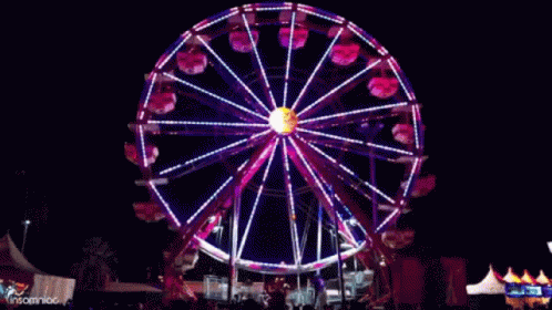 people walk around a ferris wheel at night