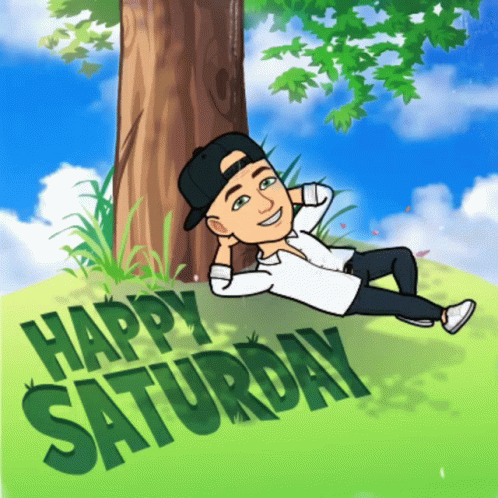 a cartoon character sits under a tree next to a happy saturday message