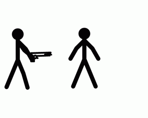 stick figure holding a gun that is in one hand and a third in the other