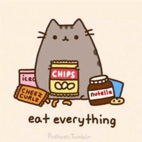 a cat sitting with other items including chips, a creme, a nutella can, and a cup