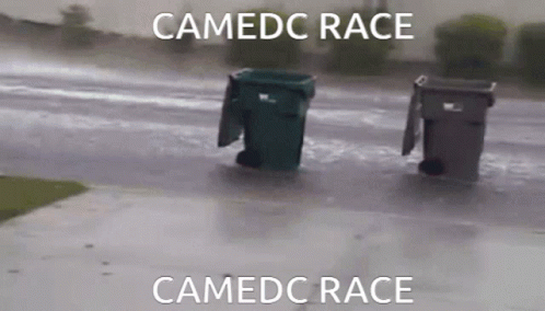 two trash cans on a wet sidewalk with the words camecic race