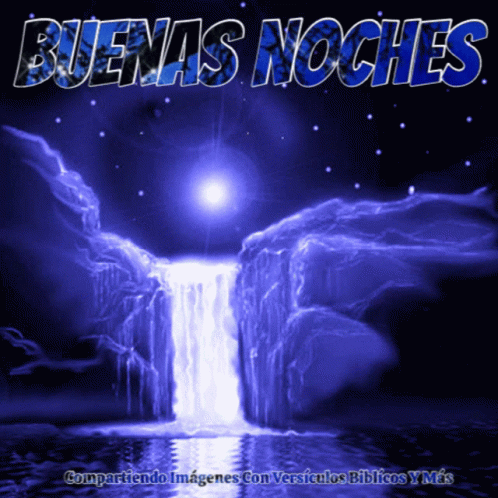 a book cover for the poem buennis noches with a waterfall in a lake surrounded by fog and clouds