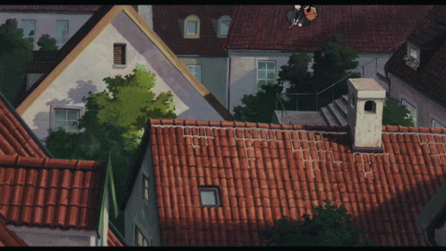 a painting of a small tower on the roof of a house