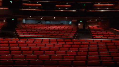 an empty theatre filled with blue chairs