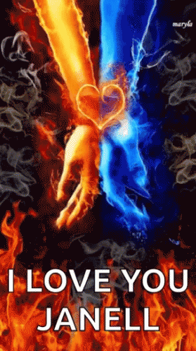 the back cover of i love you janell, featuring fire and a blue - black background