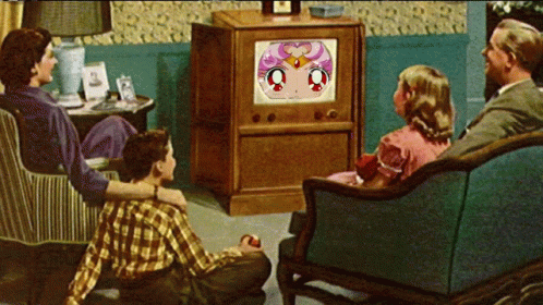 a painting of an older family watching cartoons