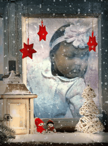 a painting of a baby in front of a christmas tree