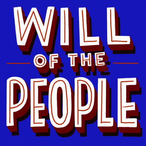 a red sign with a blue stripe and the words will of the people