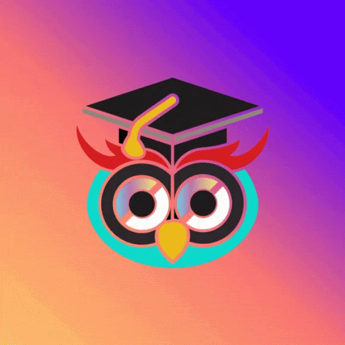 an abstract black, yellow and blue owl with a graduation hat on