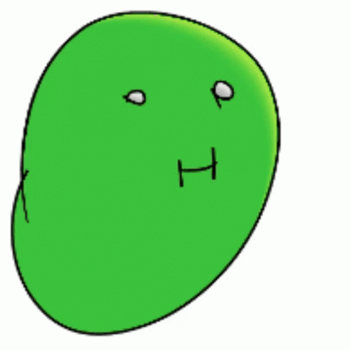 an apple green cartoon with eyes and two small faces