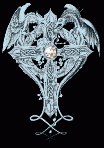 a stylized image shows two birds on top of an ornate cross with an intricate design on the front