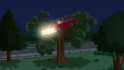 an animated car suspended from a tree and going over another