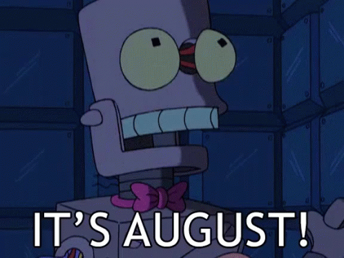 cartoon character saying it's august on its computer screen
