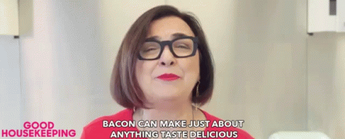 woman with glasses speaking on video chatting about bacon can make just about anything taste delicious