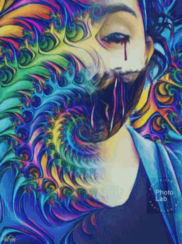 a psychedelic image of a person with her hair in flowing waves