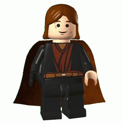 a lego star wars character wearing blue hair