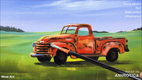 an old truck is painted in blue and orange