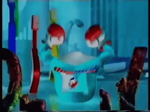 the scene shows a child's toy rocking chair, including toothbrushes