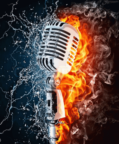 a vintage microphone in blue flames on a black background