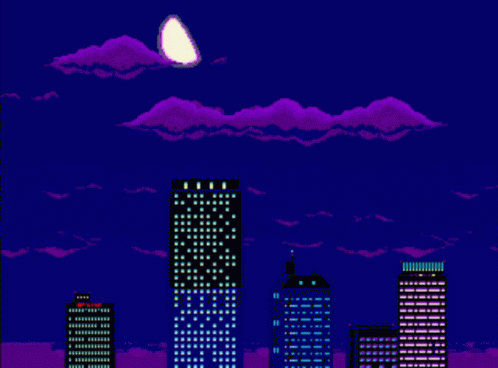 a gameboy style city with buildings at night