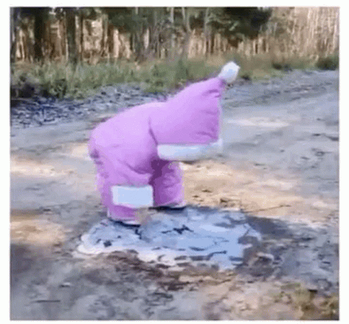 a pink bear statue on the mud of a path