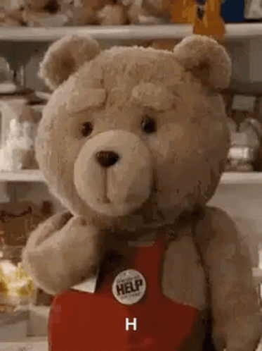 a stuffed bear holding an object in front of shelves