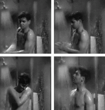 four black and white pos of man taking shower