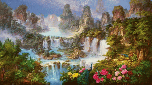 the painting has many mountains and valleys in the picture