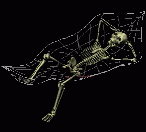 an animation of a skeleton hanging from a spider net