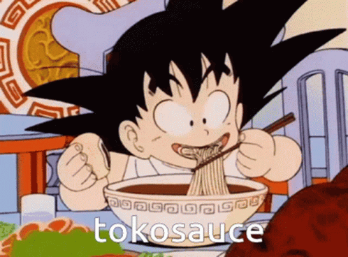 a young gohan is eating soup on a plate