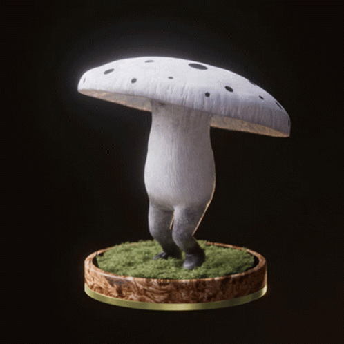 a mushroom with big legs sitting on a green table