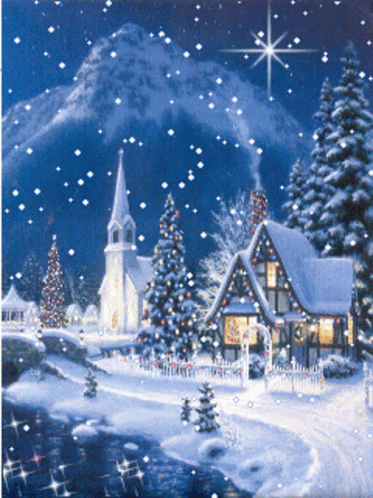 a holiday card featuring a lit village and a church on a snowy night
